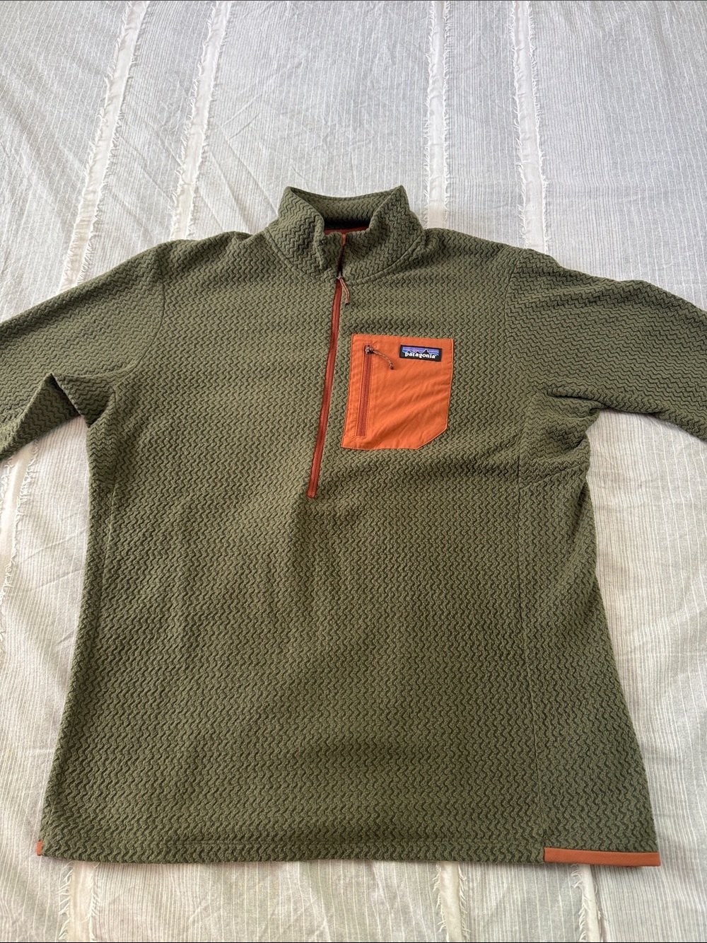 Patagonia Olive Green Half-Zip Fleece with Orange Chest Pocket